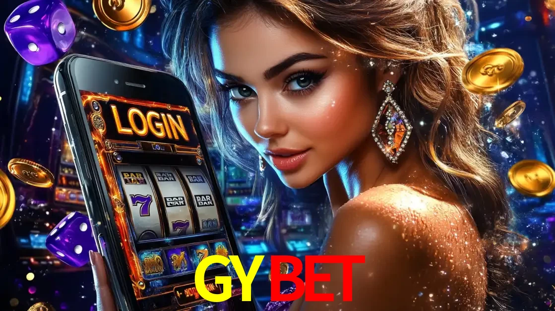 Mulher glamorosa segurando um smartphone com a tela de login para os jogos de caça-níqueis do cassino online GYBET, com moedas de ouro e dados ao redor.