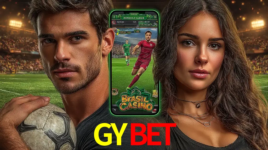 Homem segurando uma bola de futebol e uma mulher ao lado de um smartphone exibindo o jogo de apostas esportivas da GYBET. Faça seu palpite no cassino online.